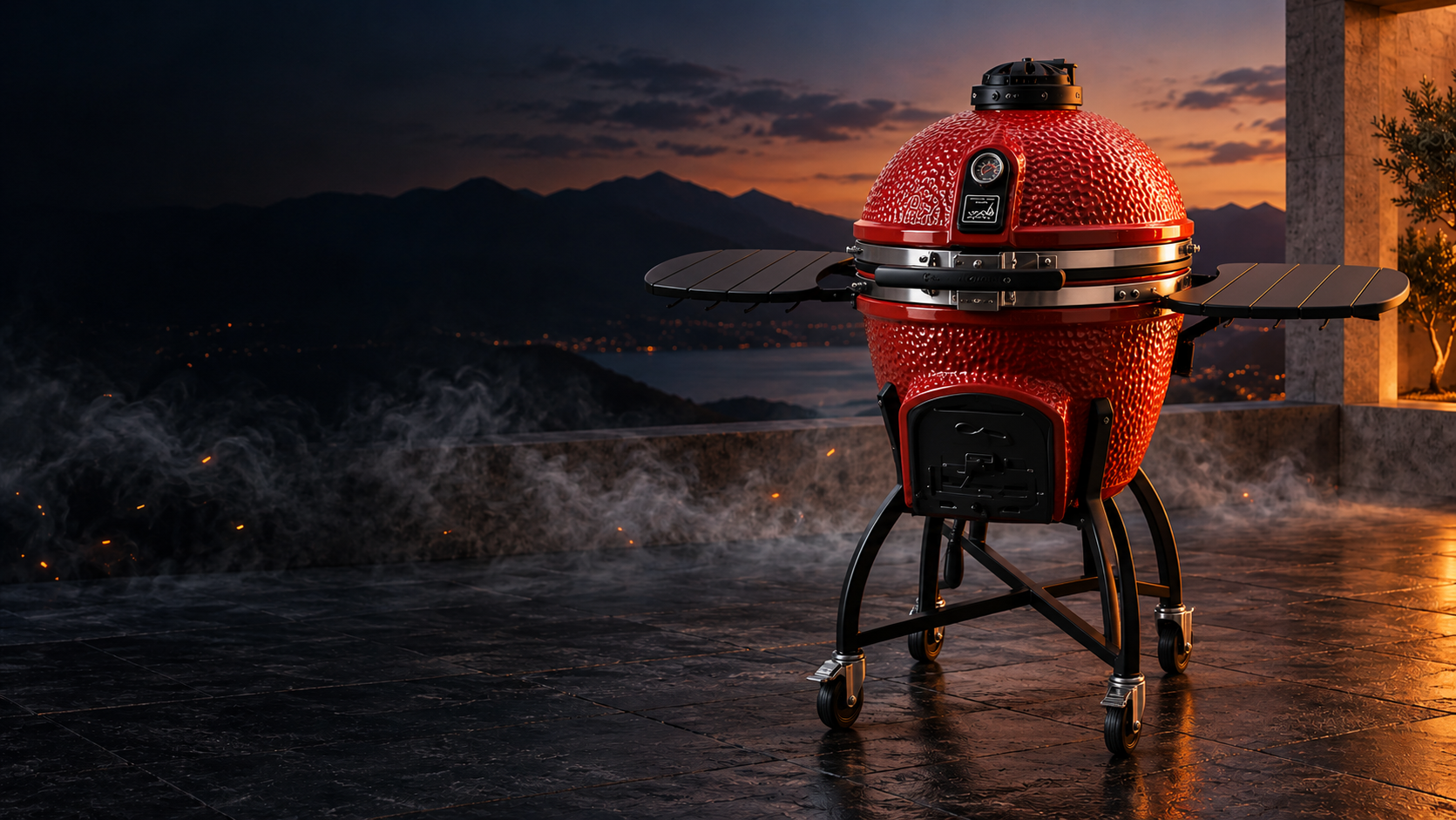AI-generated concept scene featuring a ceramic kamado in an outdoor setting